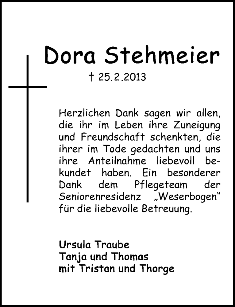 Traueranzeige von Dora Stehmeier von WESER-KURIER