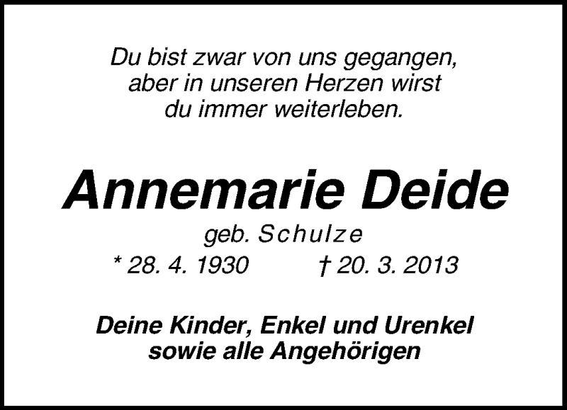 Traueranzeige von Annemarie Deide von WESER-KURIER