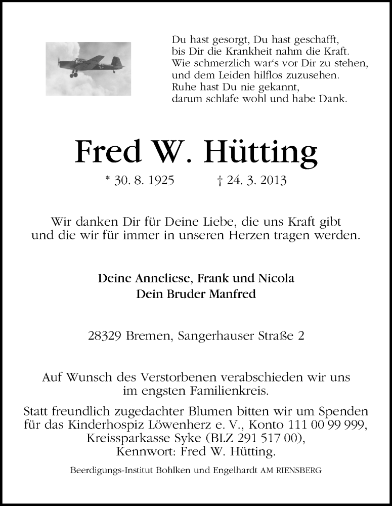 Traueranzeige von Fred Hütting von WESER-KURIER
