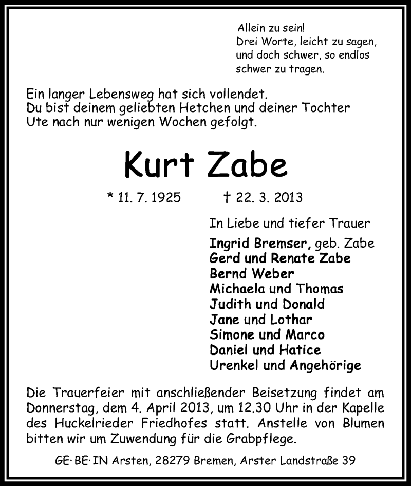 Traueranzeige von Kurt Zabe von WESER-KURIER