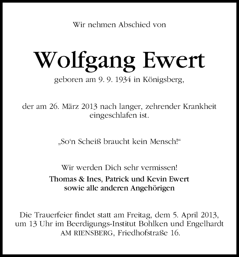 Traueranzeige von Wolfgang Ewert von WESER-KURIER