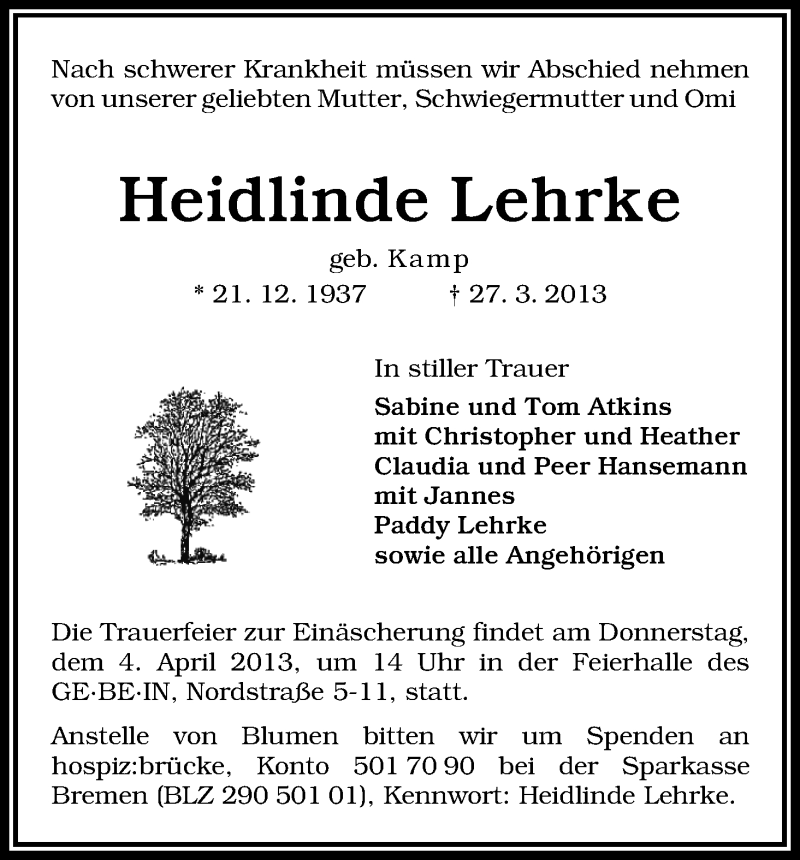 Traueranzeige von Heidlinde Lehrke von WESER-KURIER
