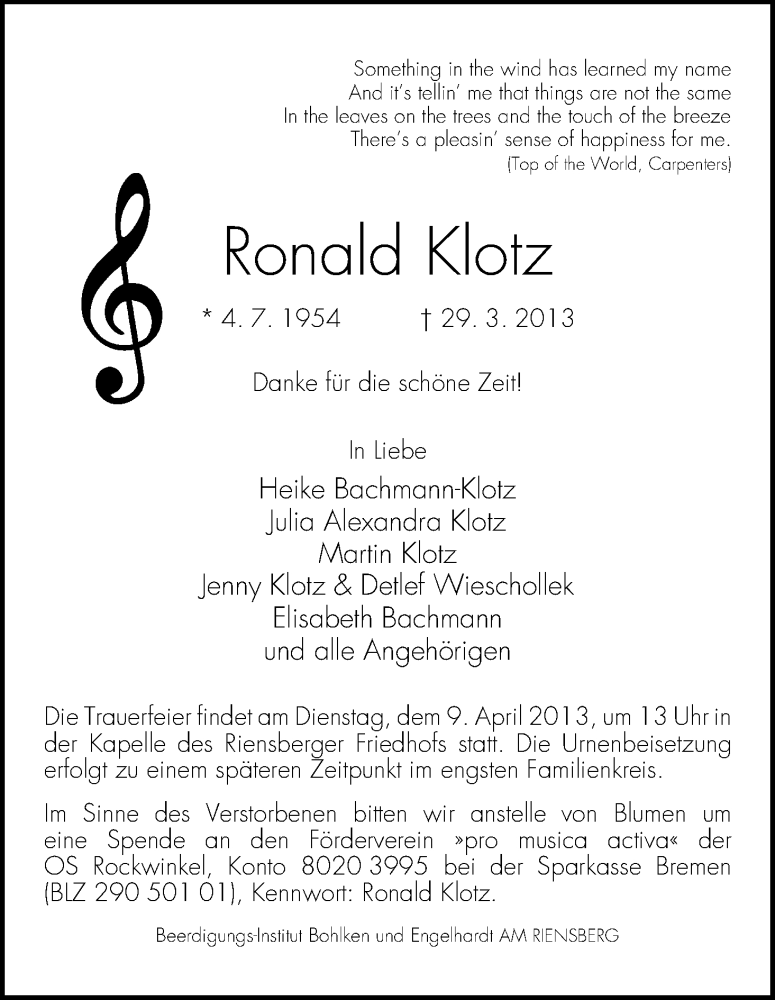 Traueranzeige von Ronald Klotz von WESER-KURIER