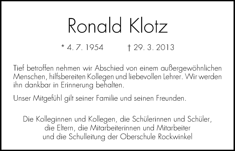 Traueranzeige von Ronald Klotz von WESER-KURIER
