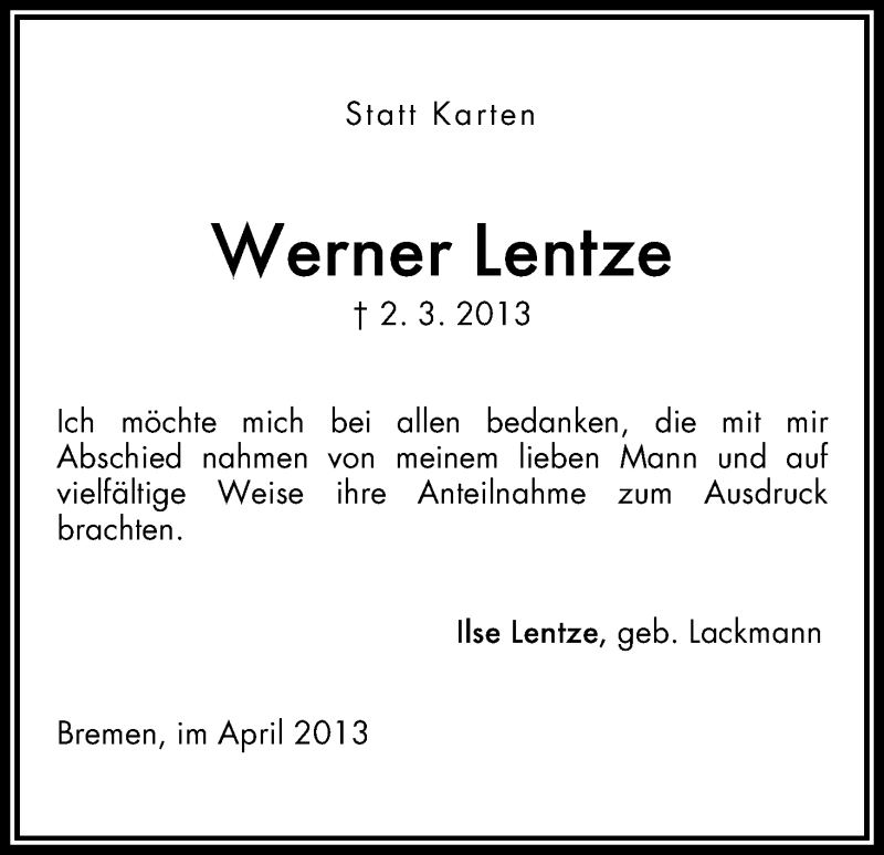 Traueranzeige von Werner Lentze von WESER-KURIER