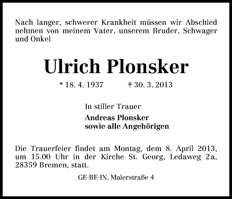 Traueranzeige von Ulrich Plonsker von WESER-KURIER