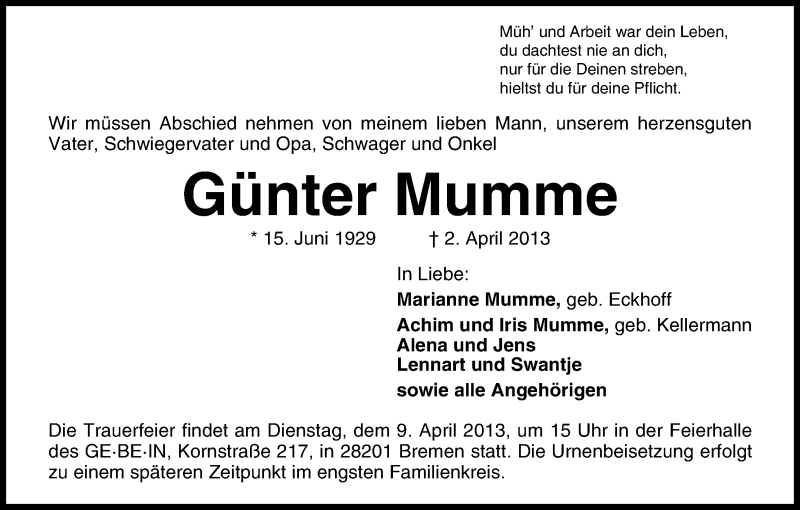 Traueranzeige von Günter Mumme von WESER-KURIER