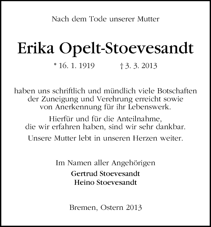 Traueranzeige von Erika Opelt-Stoevesandt von WESER-KURIER