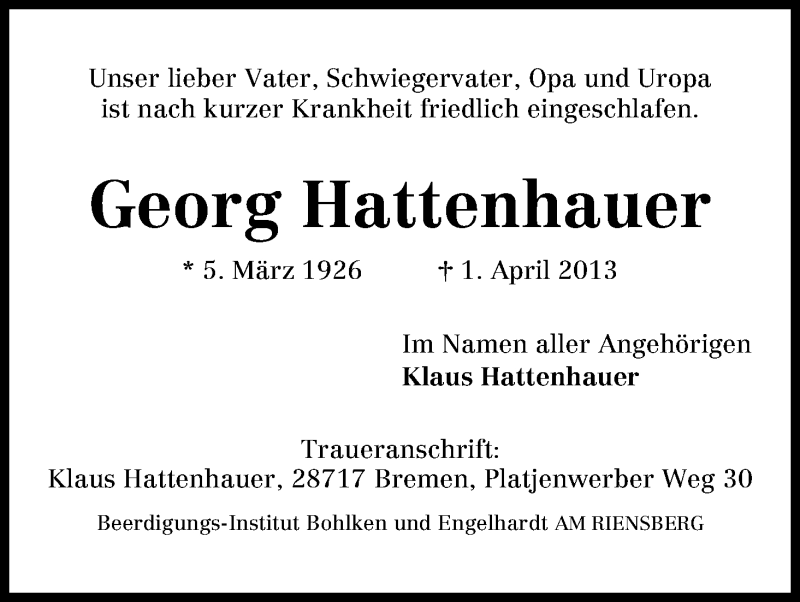 Traueranzeige von Georg Hattenhauer von WESER-KURIER