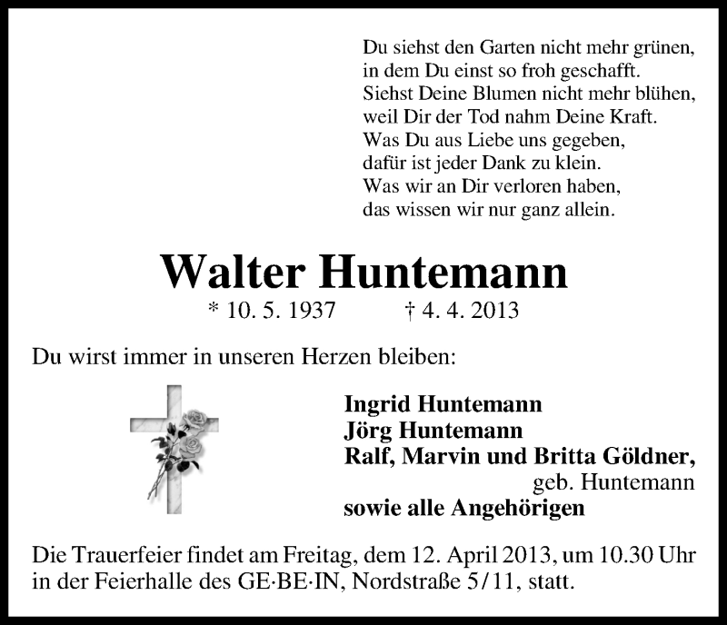 Traueranzeige von Walter Huntemann von WESER-KURIER