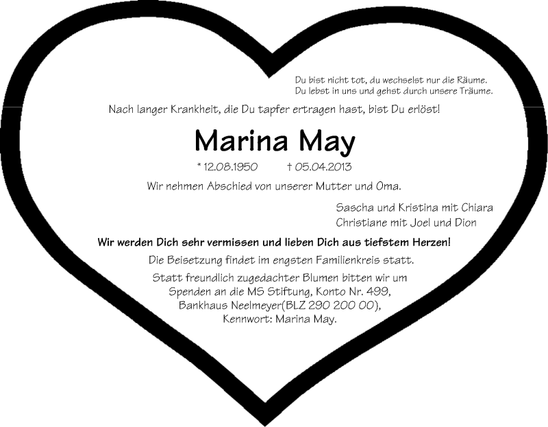 Traueranzeige von Marina May von WESER-KURIER