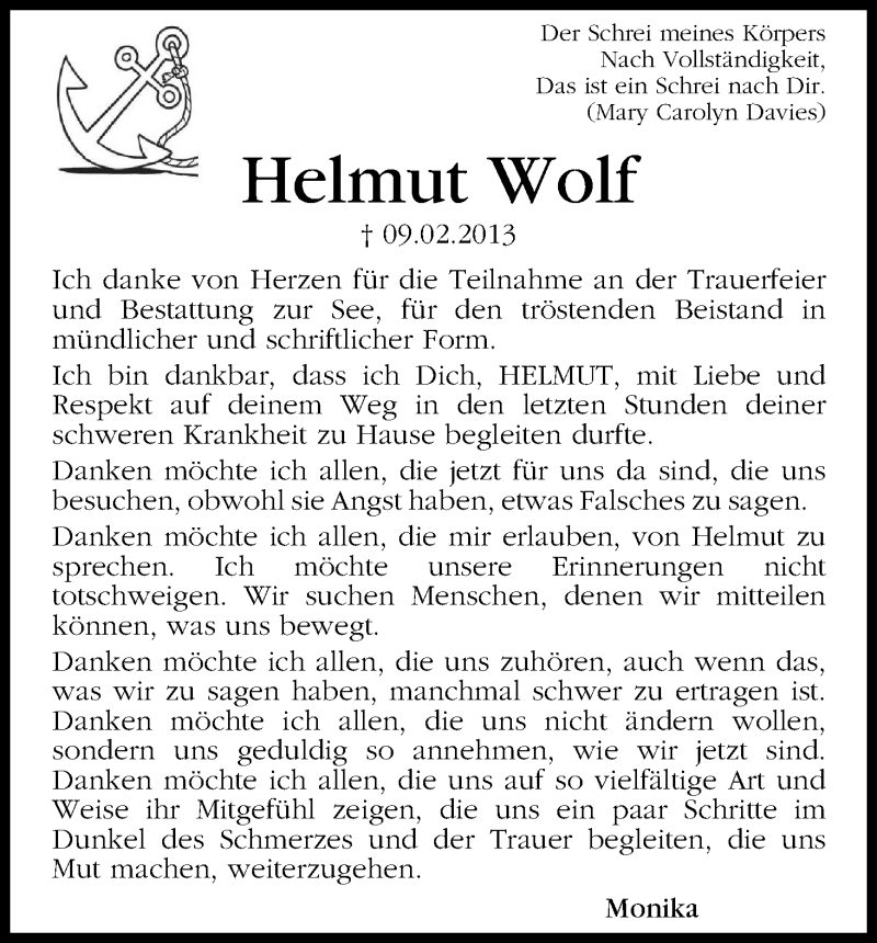 Traueranzeige von Helmut Wolf von WESER-KURIER