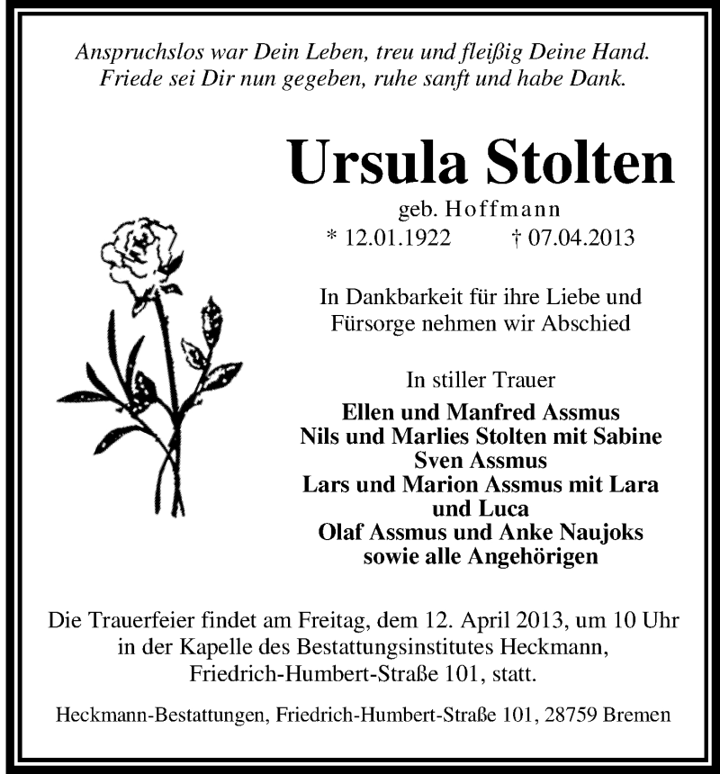Traueranzeige von Ursula Stolten von WESER-KURIER