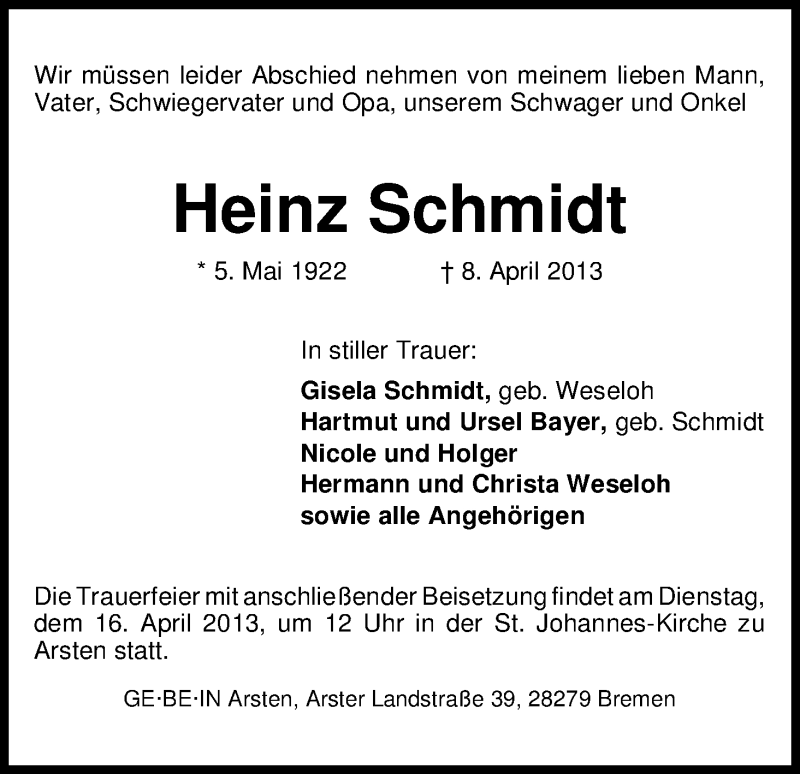 Traueranzeige von Heinz Schmidt von WESER-KURIER