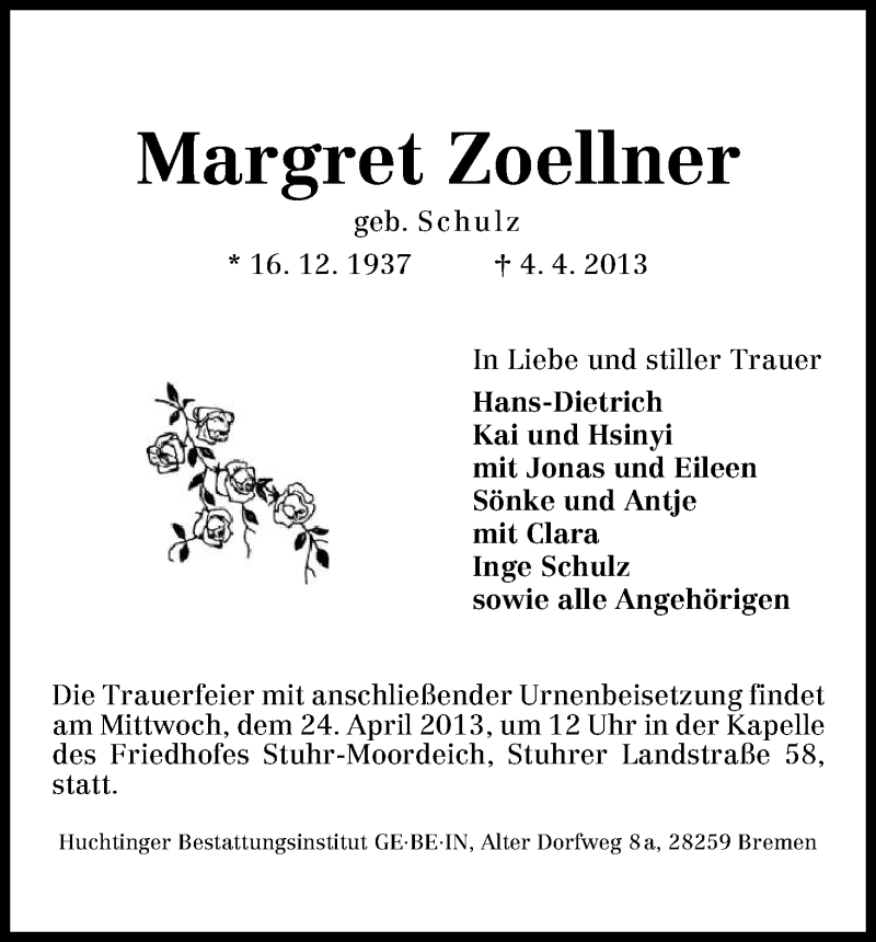 Traueranzeige von Margret Zoellner von WESER-KURIER