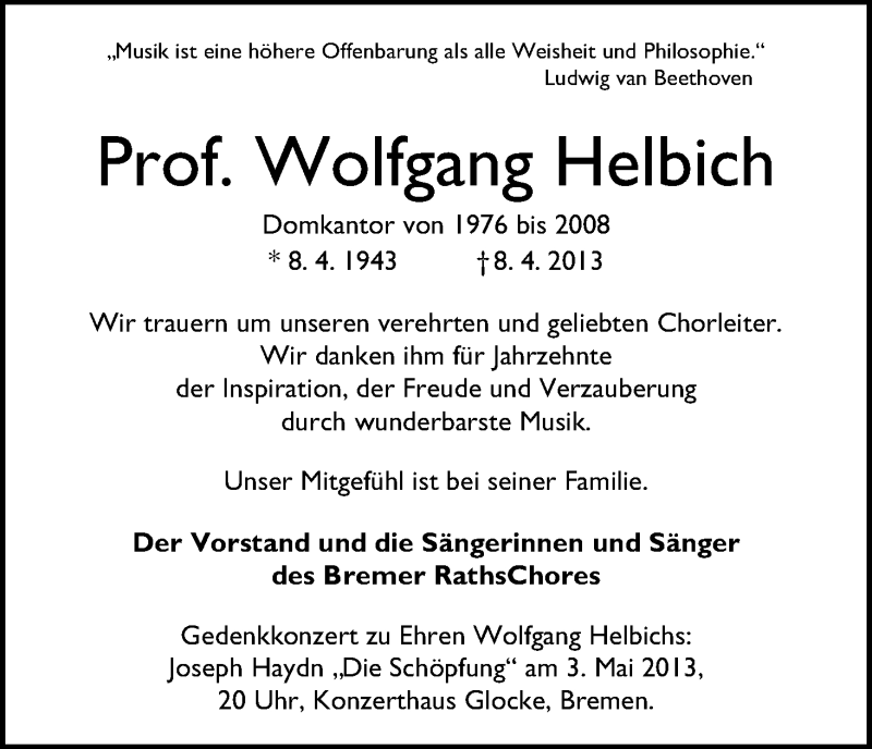 Traueranzeige von Wolfgang Helbich von WESER-KURIER