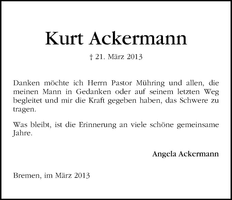 Traueranzeige von Kurt Ackermann von WESER-KURIER