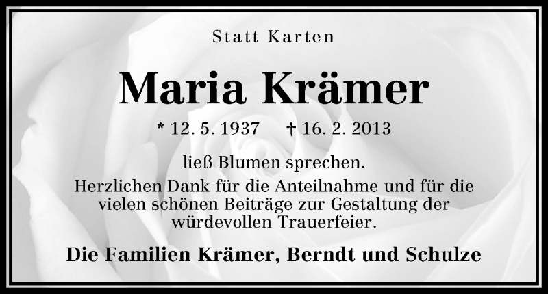 Traueranzeige von Maria Krämer von WESER-KURIER