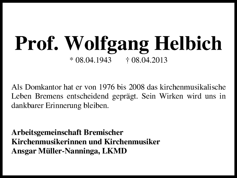 Traueranzeige von Wolfgang Helbich von WESER-KURIER