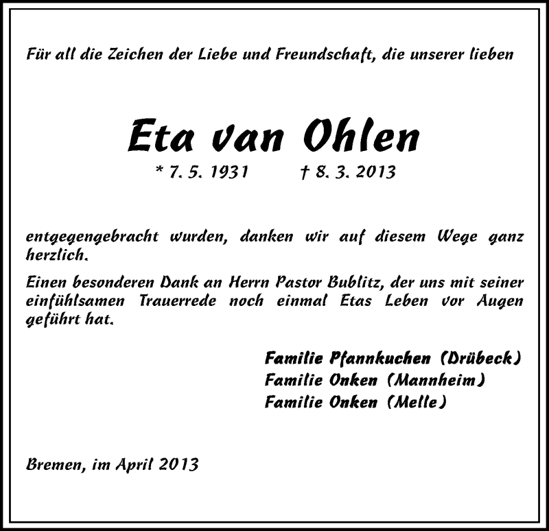 Traueranzeige von Eta van Ohlen von WESER-KURIER