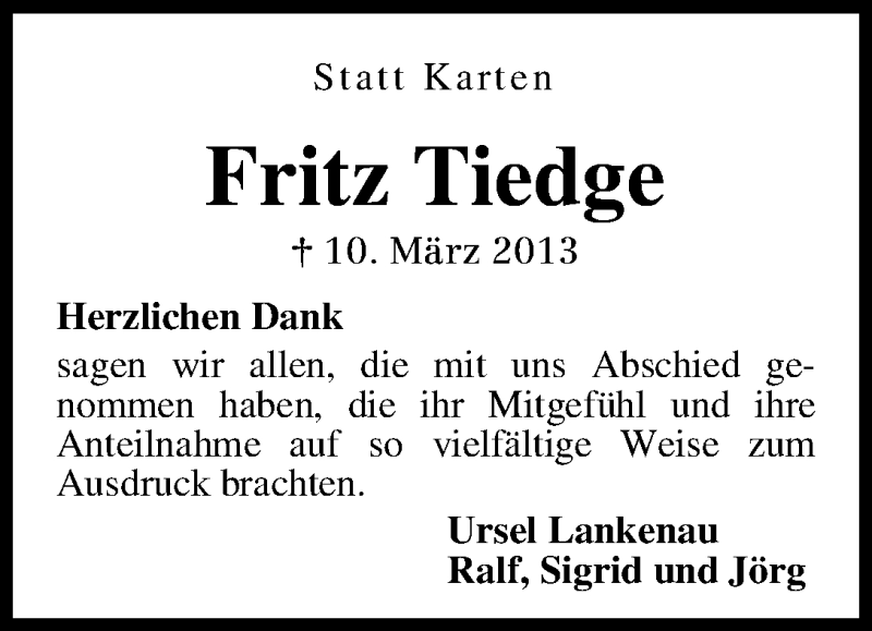 Traueranzeige von Fritz Tiedge von WESER-KURIER