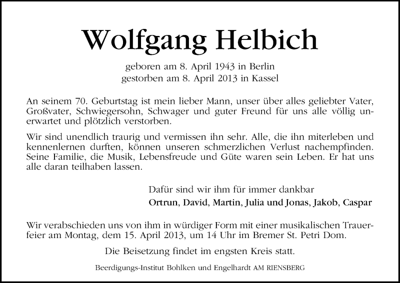 Traueranzeige von Wolfgang Helbich von WESER-KURIER