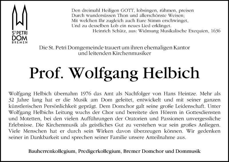 Traueranzeige von Wolfgang Helbich von WESER-KURIER
