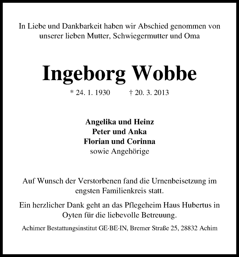 Traueranzeige von Ingeborg Wobbe von WESER-KURIER