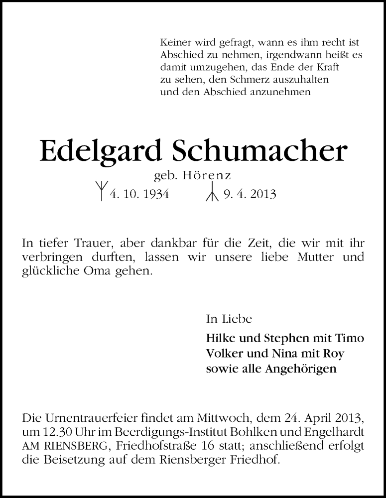 Traueranzeige von Edelgard Schumacher von WESER-KURIER