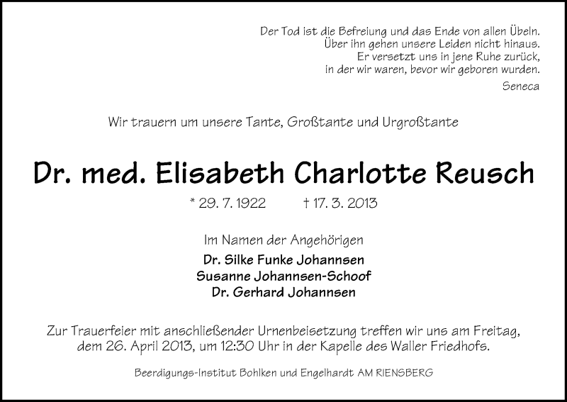 Traueranzeige von Elisabeth Charlotte Reusch von WESER-KURIER