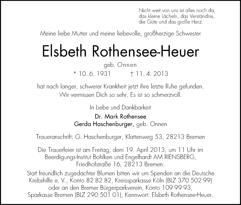 Traueranzeige von Elsbeth Rothensee-Heuer von WESER-KURIER