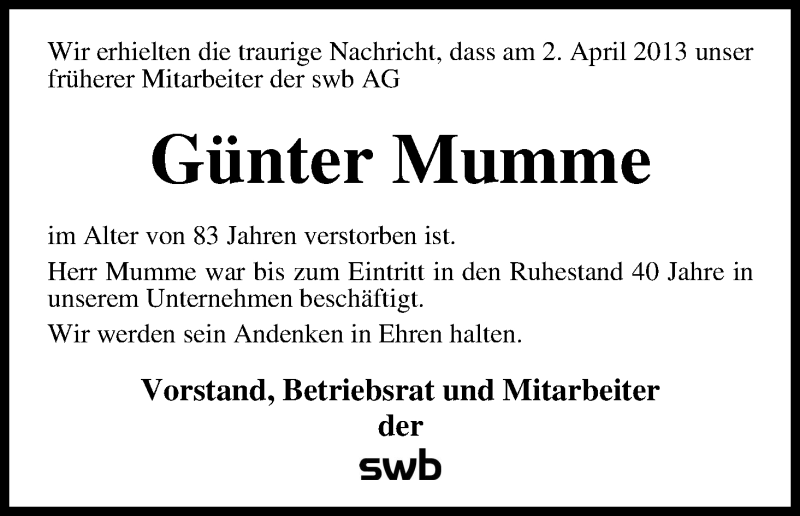 Traueranzeige von Günter Mumme von WESER-KURIER