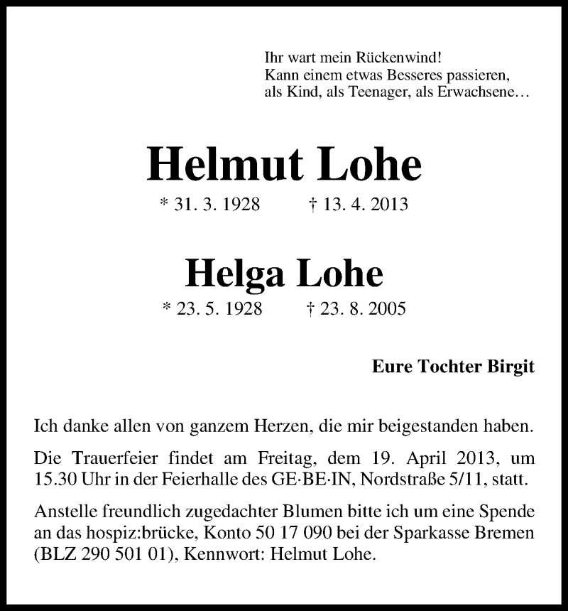 Traueranzeige von Helmut Lohe von WESER-KURIER