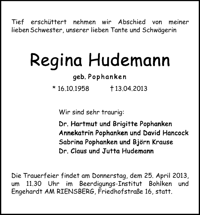 Traueranzeige von Regina Hudemann von WESER-KURIER