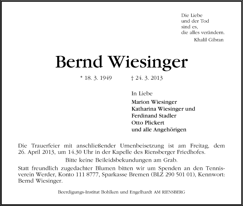 Traueranzeige von Bernd Wiesinger von WESER-KURIER