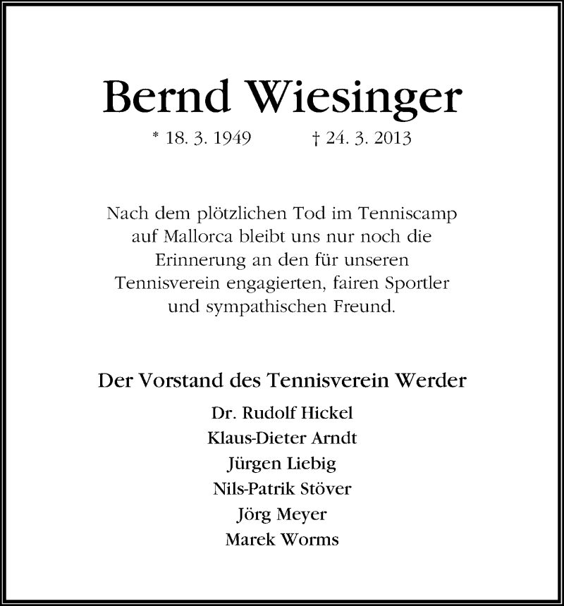 Traueranzeige von Bernd Wiesinger von WESER-KURIER