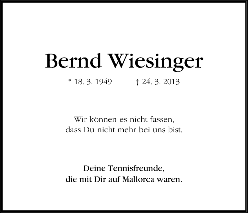 Traueranzeige von Bernd Wiesinger von WESER-KURIER