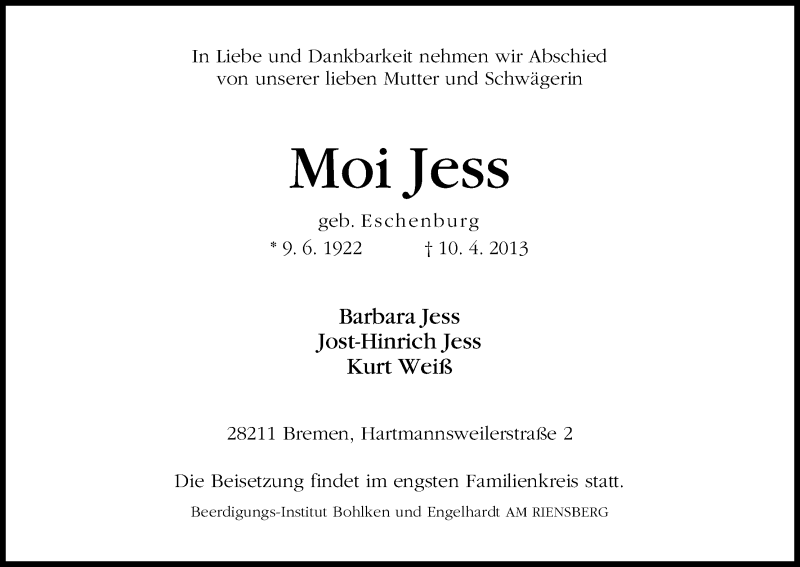 Traueranzeige von Moi Jess von WESER-KURIER