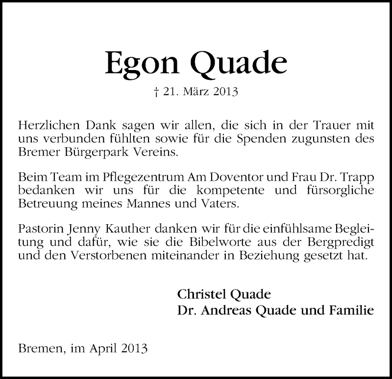Traueranzeige von Egon Quade von WESER-KURIER