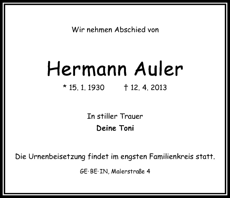 Traueranzeige von Hermann Auler von WESER-KURIER