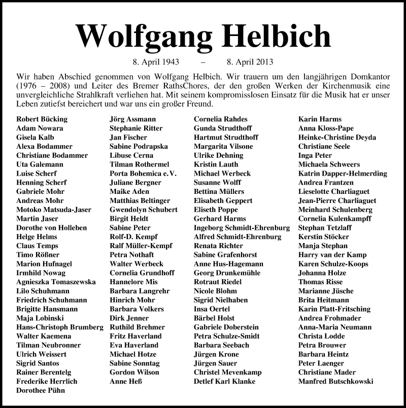 Traueranzeige von Wolfgang Helbich von WESER-KURIER