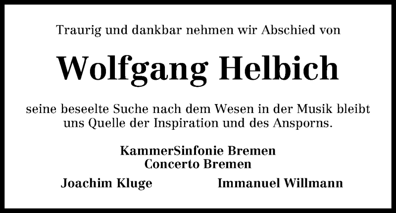 Traueranzeige von Wolfgang Helbich von WESER-KURIER