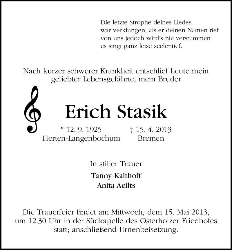 Traueranzeige von Erich Stasik von WESER-KURIER