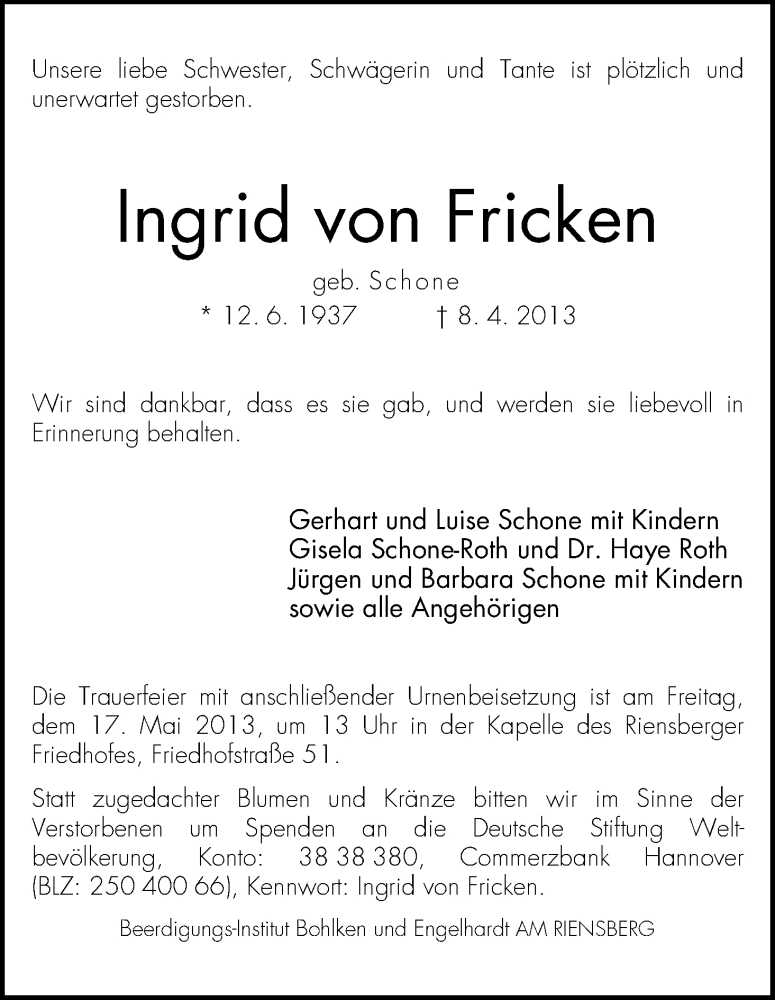 Traueranzeige von Ingrid von Fricken von WESER-KURIER