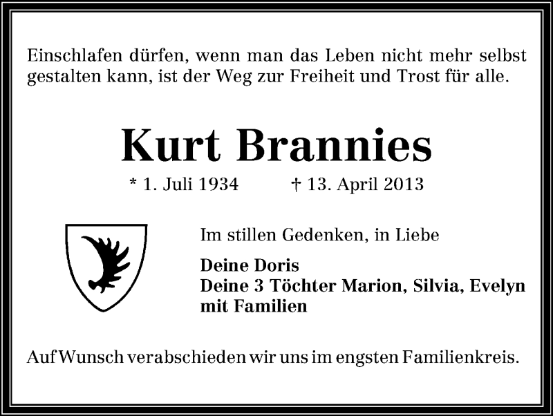 Traueranzeige von Kurt Brannies von WESER-KURIER
