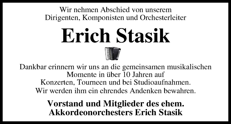 Traueranzeige von Erich Stasik von WESER-KURIER