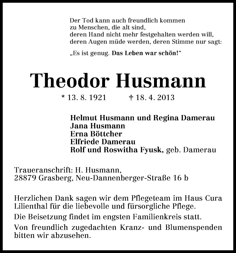 Traueranzeige von Theodor Husmann von WESER-KURIER