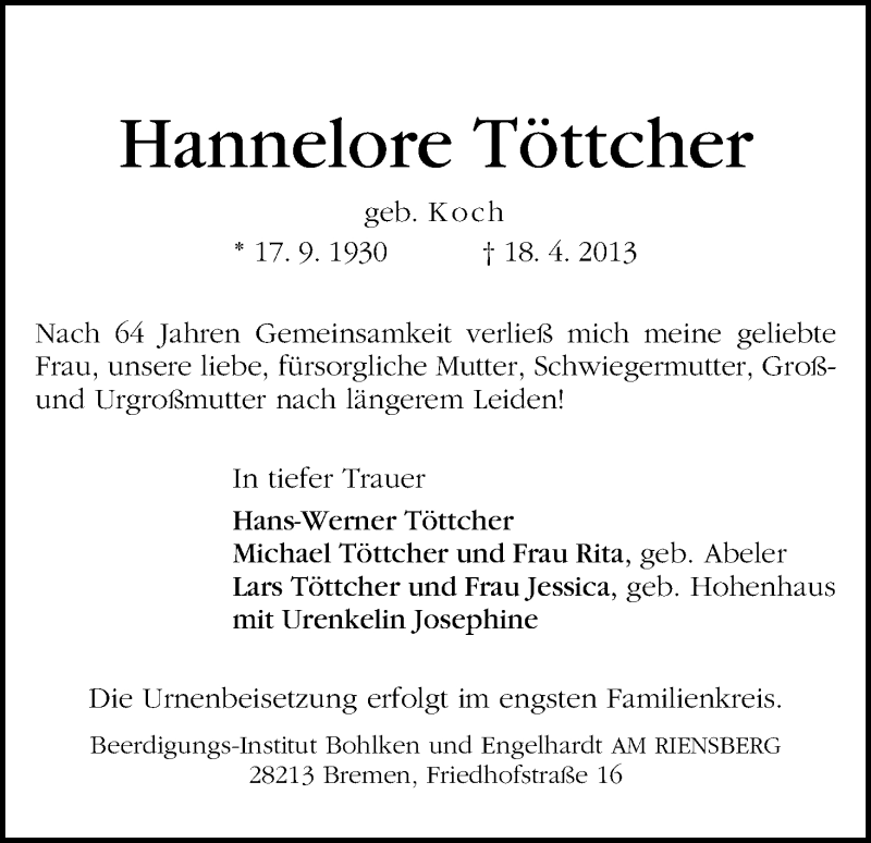 Traueranzeige von Hannelore Töttcher von WESER-KURIER