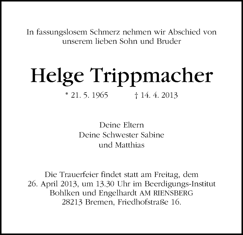 Traueranzeige von Helge Trippmacher von WESER-KURIER