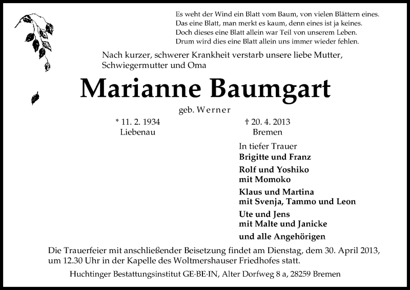 Traueranzeige von Marieanne Baumgart von WESER-KURIER